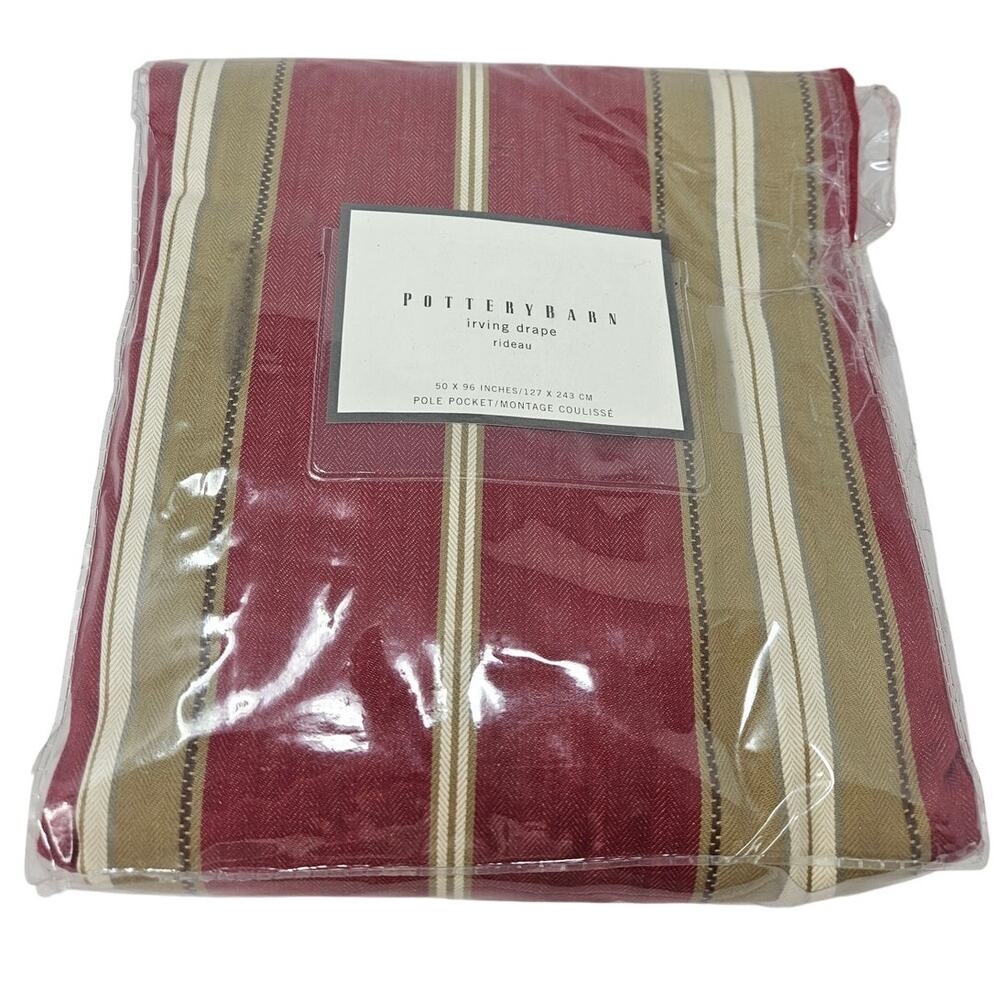 NEW Pottery Barn Irving Drape Curtain 50x96 Red Stripe Cotton Lined Pole Pocket